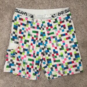 69 Slam Mens Boardshorts‎ Size 38 Multicolor Geometric Pixel Print Swim Trunks